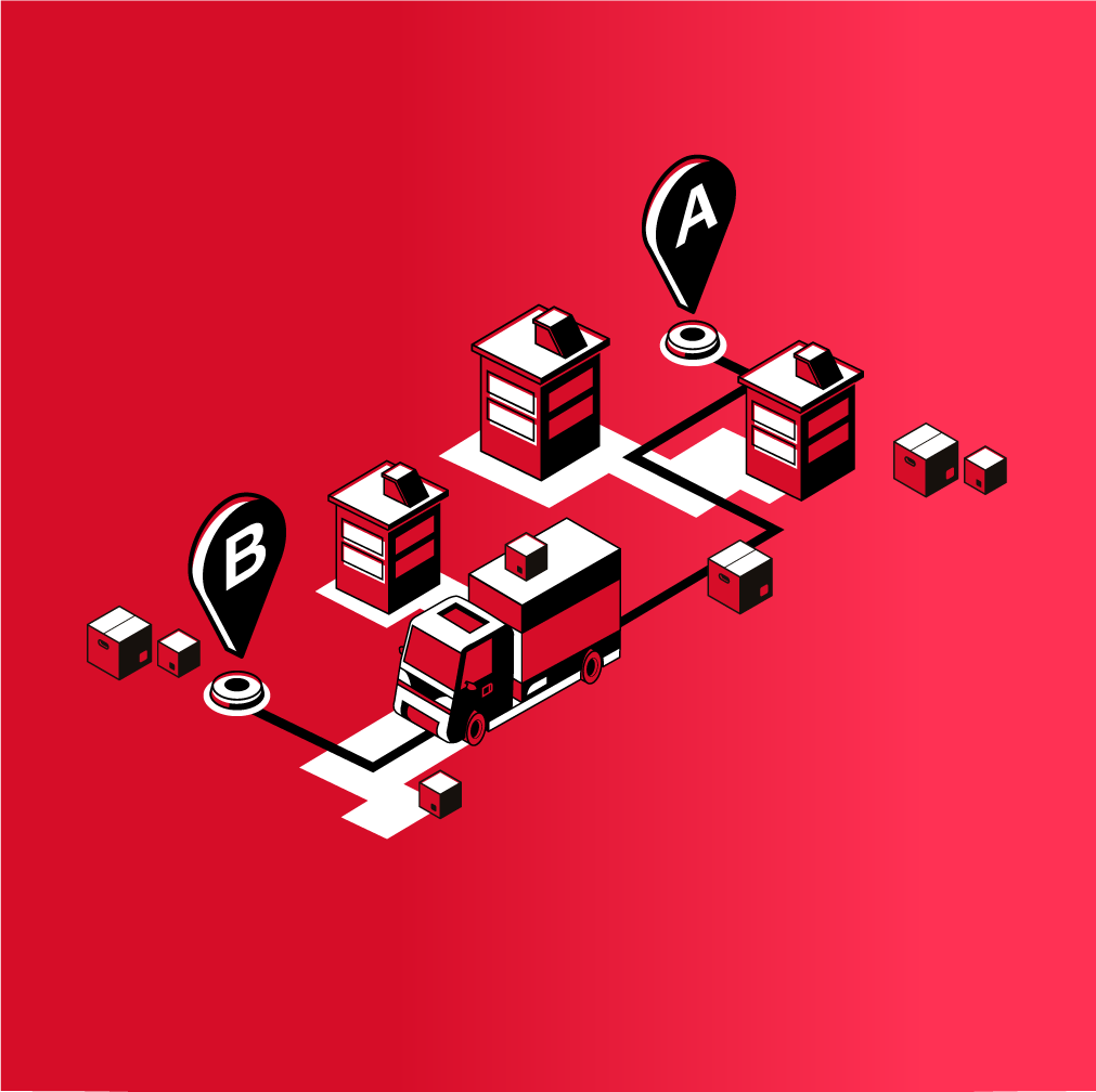 A red background with white boxes and black and white icons.