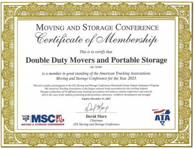 A certificate of membership for moving and storage conference