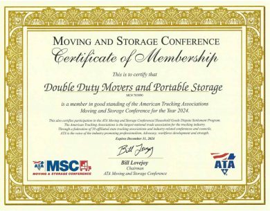 A certificate of membership for moving and storage conference